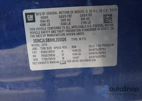 2017 Chevrolet Trax Lt from USA, damaged, VIN 3GNCJLSB8HL200026